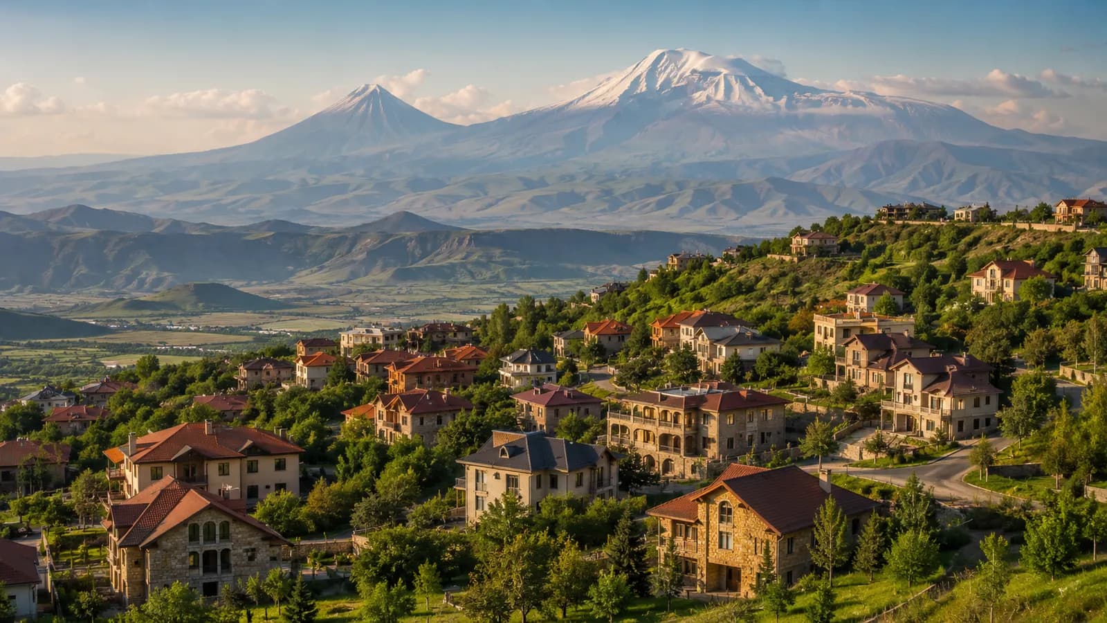 Երևանի համայնապատկեր՝ բնակելի շենքերով և Արարատ լեռով հետին պլանում
