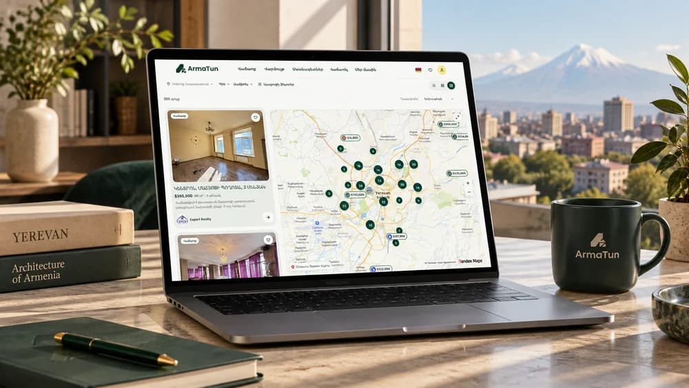 Платформа недвижимости ArmaTun с поиском объектов по карте в Ереване, Армения.